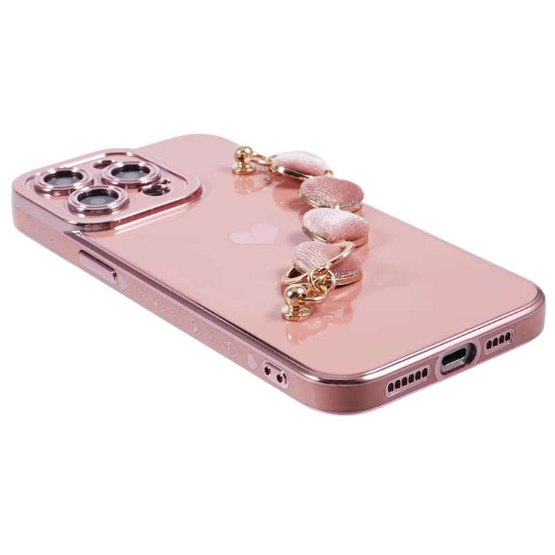 For iPhone 14 Pro Phone Case Electroplating TPU Phone Cover with Plush Love-Heart Strap - Pink