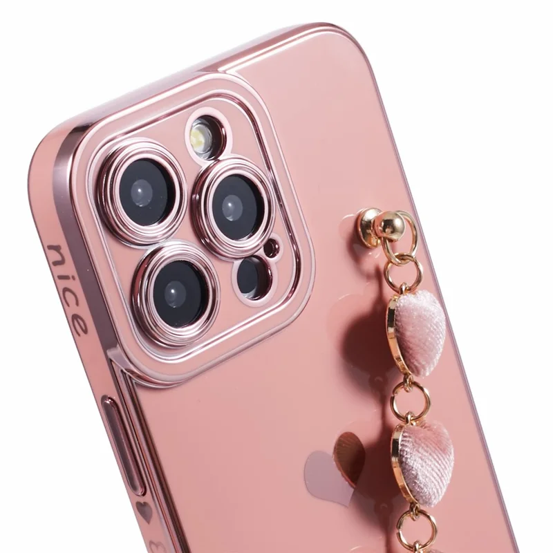 For iPhone 14 Pro Phone Case Electroplating TPU Phone Cover with Plush Love-Heart Strap - Pink