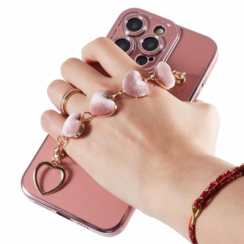 For iPhone 14 Pro Phone Case Electroplating TPU Phone Cover with Plush Love-Heart Strap - Pink