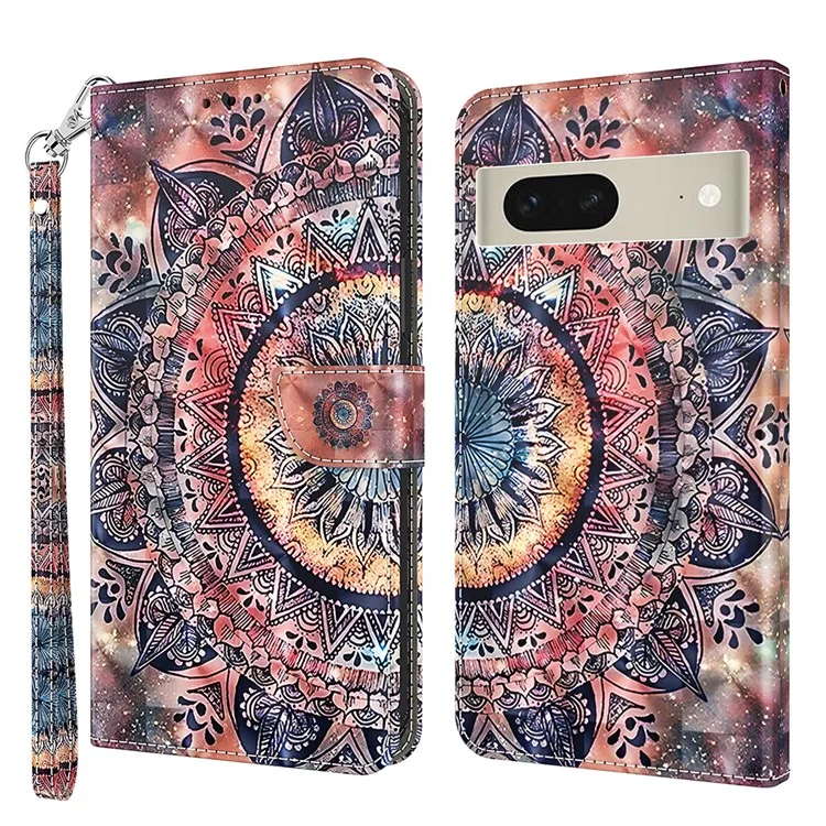 Para Google Pixel 7 5G PU Leather Wallet Stand Phone Case 3D Pattern Printing Anti-drop Shell - Color Mandala