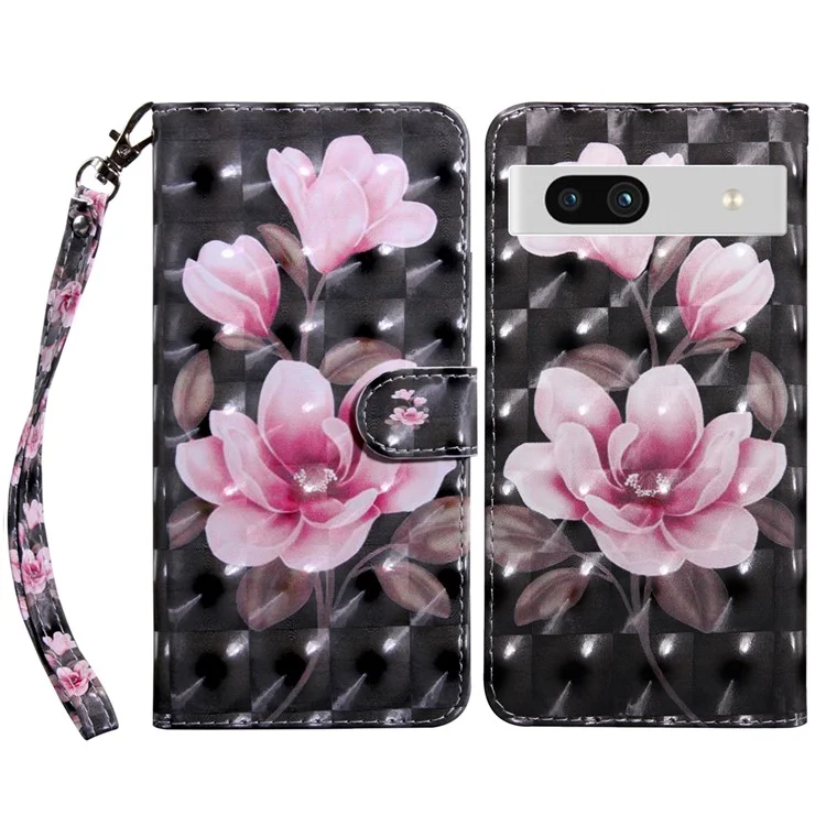 Для Google Pixel 7a PU Leather Stand Wallet Shockproof Cover 3D Pattern Printing Phone Case - Pink Flower