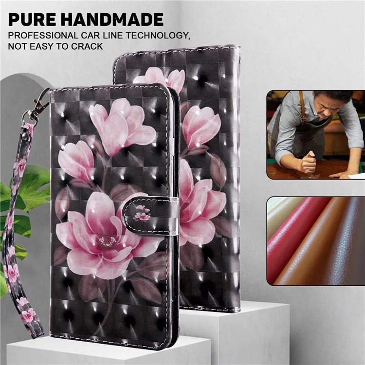 Для Google Pixel 7a PU Leather Stand Wallet Shockproof Cover 3D Pattern Printing Phone Case - Pink Flower