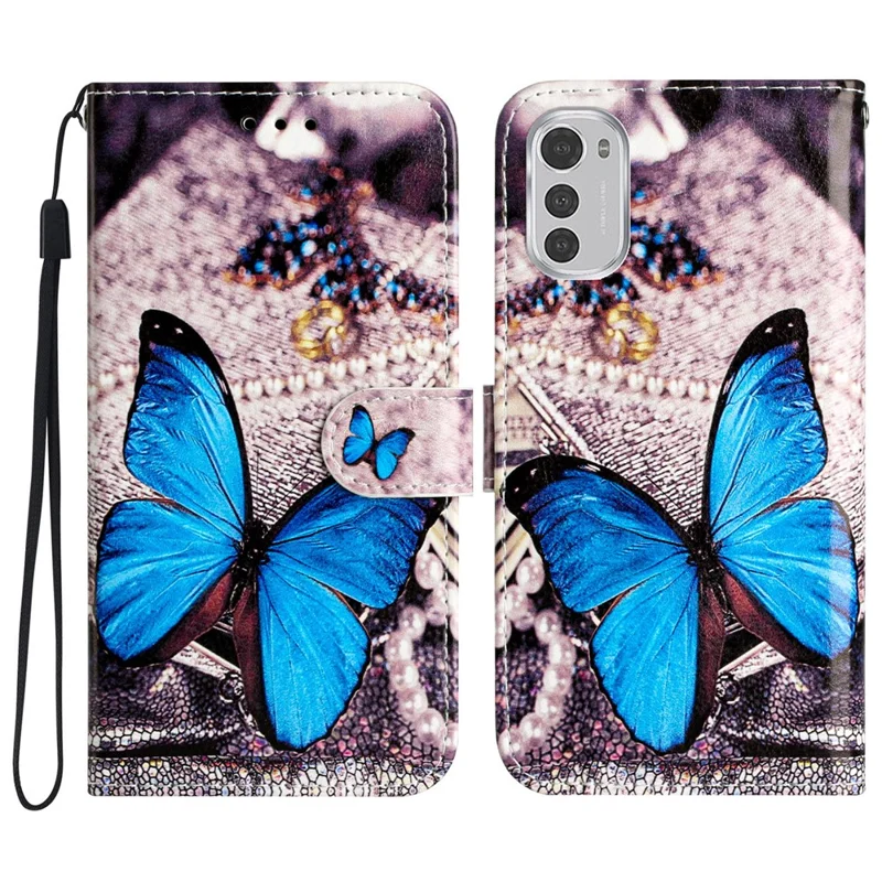 Wallet Phone Case for Motorola Moto E32 4G PU Leather Folio Flip Cover Pattern Printing Phone Case - Blue Butterfly