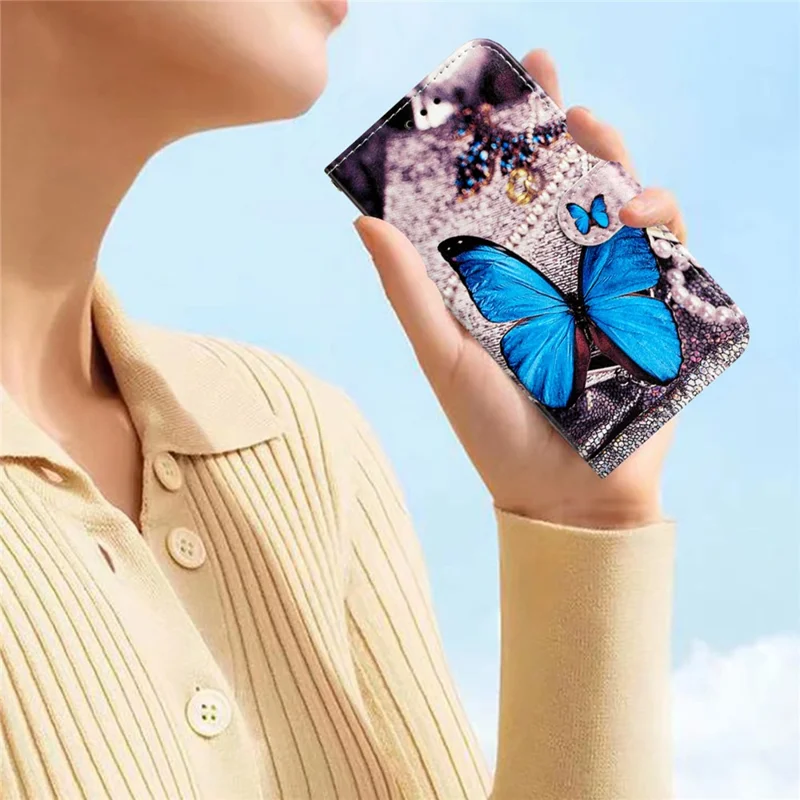 Wallet Phone Case for Motorola Moto E32 4G PU Leather Folio Flip Cover Pattern Printing Phone Case - Blue Butterfly