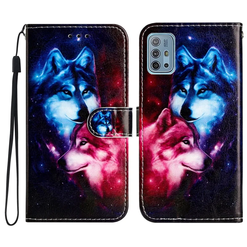 For Motorola Moto G10 / G30 / G20 Shockproof Case Anti-Drop Wallet Phone Case Pattern Printing Leather Cover - Wolves