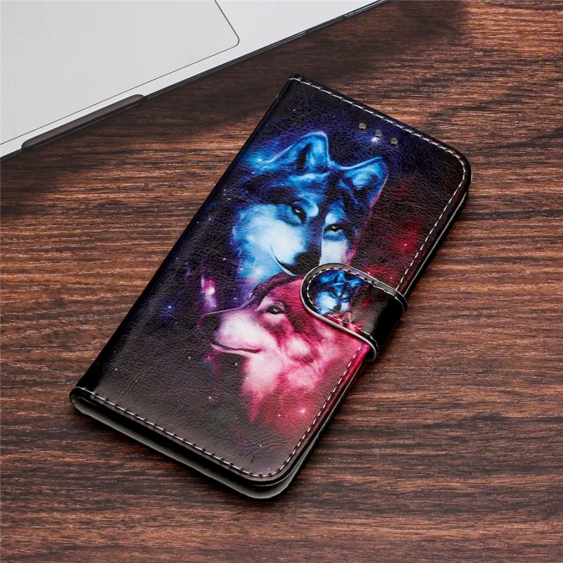 For Motorola Moto G10 / G30 / G20 Shockproof Case Anti-Drop Wallet Phone Case Pattern Printing Leather Cover - Wolves