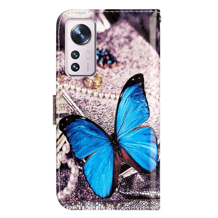 Противоударный чехол для Xiaomi 12 Lite 5G PU Leather Flip Cover Pattern Printing Wallet Phone Case - Синяя бабочка