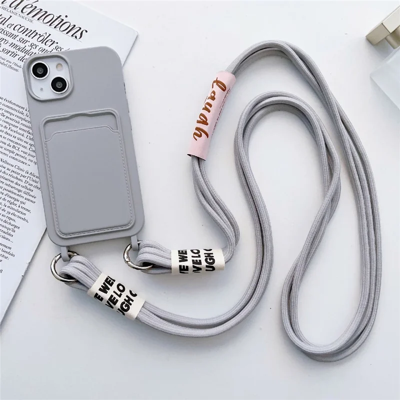 For iPhone 13 6.1 inch Liquid Silicone Card Slot Phone Case Anti-Scratch Shockproof Cover with Long Strap - Grey