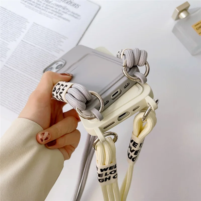 For iPhone 13 6.1 inch Liquid Silicone Card Slot Phone Case Anti-Scratch Shockproof Cover with Long Strap - Grey