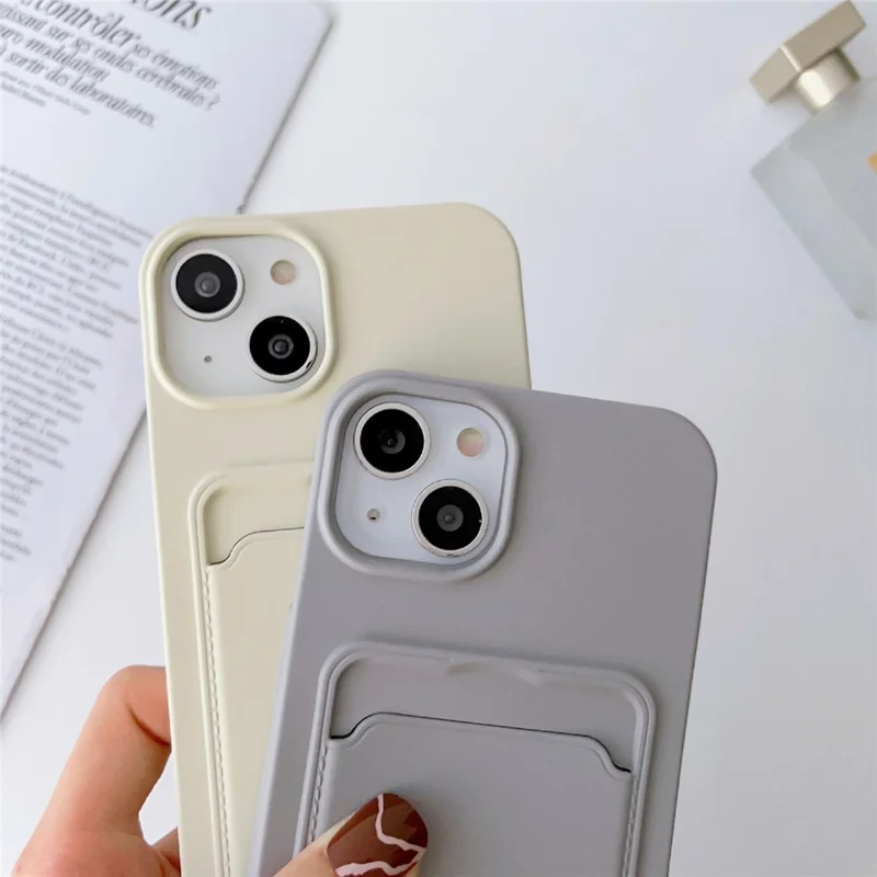 For iPhone 13 6.1 inch Liquid Silicone Card Slot Phone Case Anti-Scratch Shockproof Cover with Long Strap - Grey