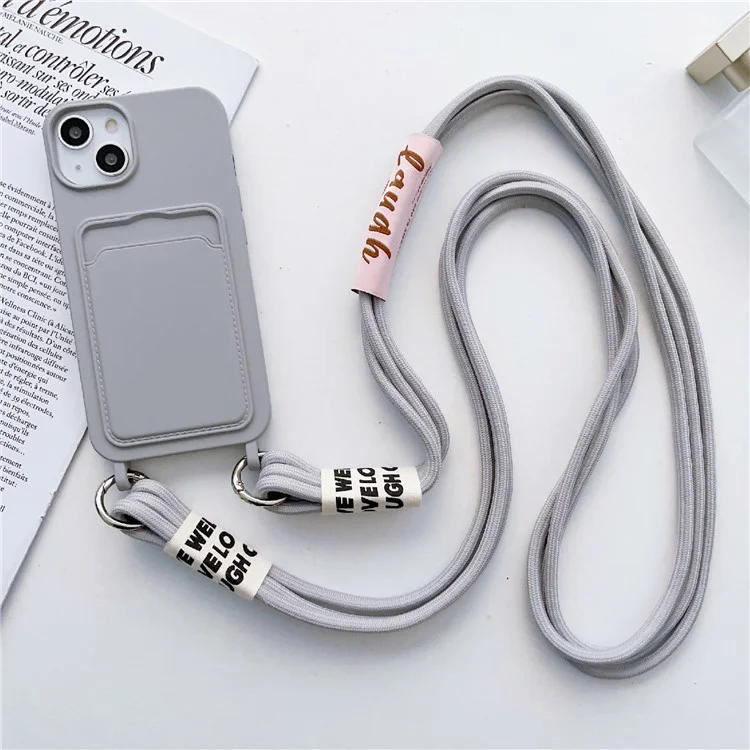Pour iPhone 14 Soft Liquid Silicone Phone Case Card Slot Slim Protective Back Cover with Lanyard Strap - Gris