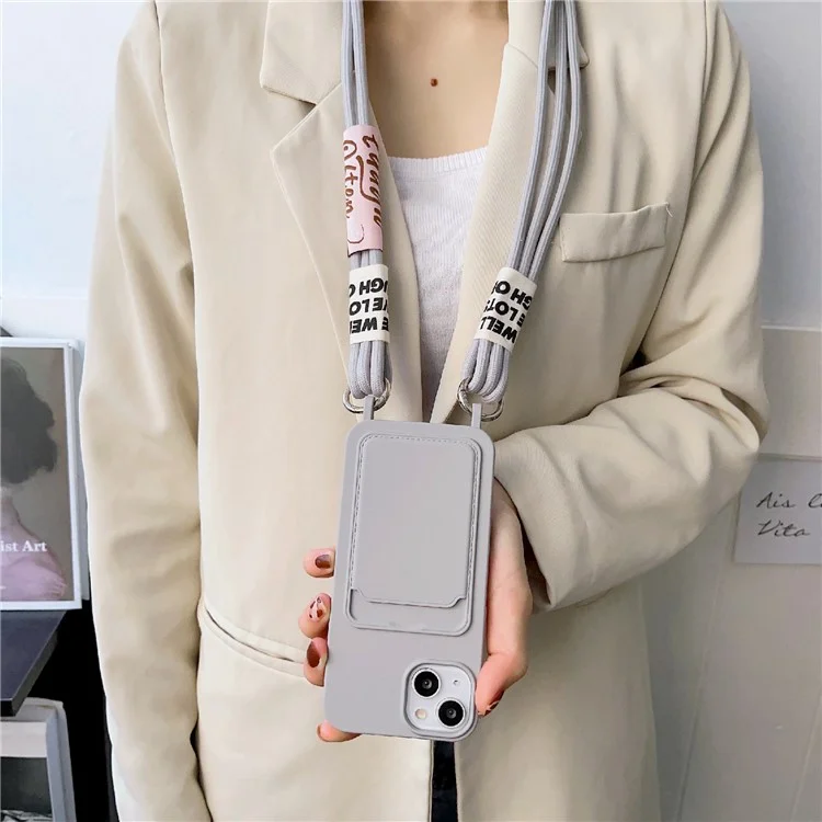 Pour iPhone 14 Soft Liquid Silicone Phone Case Card Slot Slim Protective Back Cover with Lanyard Strap - Gris