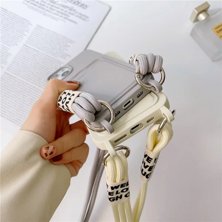 Pour iPhone 14 Soft Liquid Silicone Phone Case Card Slot Slim Protective Back Cover with Lanyard Strap - Gris