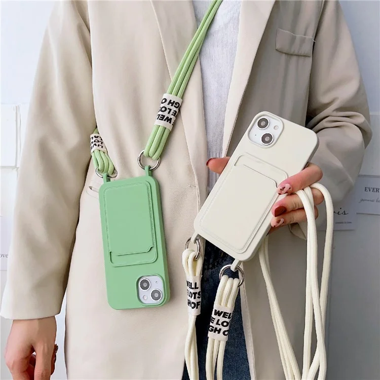 Pour iPhone 14 Soft Liquid Silicone Phone Case Card Slot Slim Protective Back Cover with Lanyard Strap - Gris