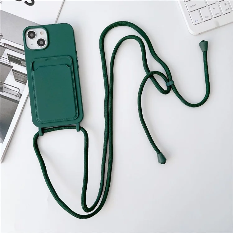 For iPhone 13 6.1 inch Phone Case Anti-Drop Liquid Silicone Protective Cover with Card Slot, Strap - Midnight Green