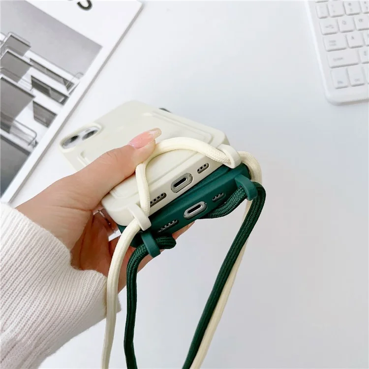 For iPhone 13 6.1 inch Phone Case Anti-Drop Liquid Silicone Protective Cover with Card Slot, Strap - Midnight Green