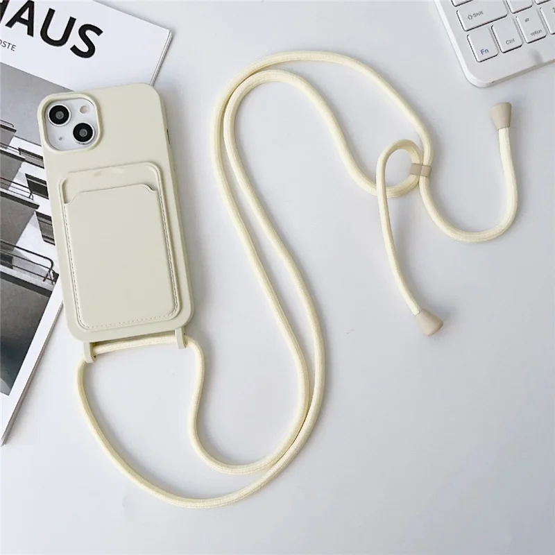 For iPhone 13 6.1 inch Phone Case Anti-Drop Liquid Silicone Protective Cover with Card Slot, Strap - Beige