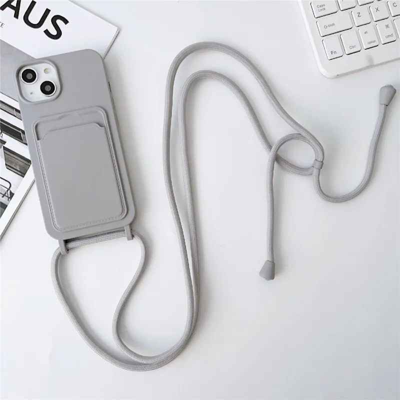 For iPhone 13 6.1 inch Phone Case Anti-Drop Liquid Silicone Protective Cover with Card Slot, Strap - Grey