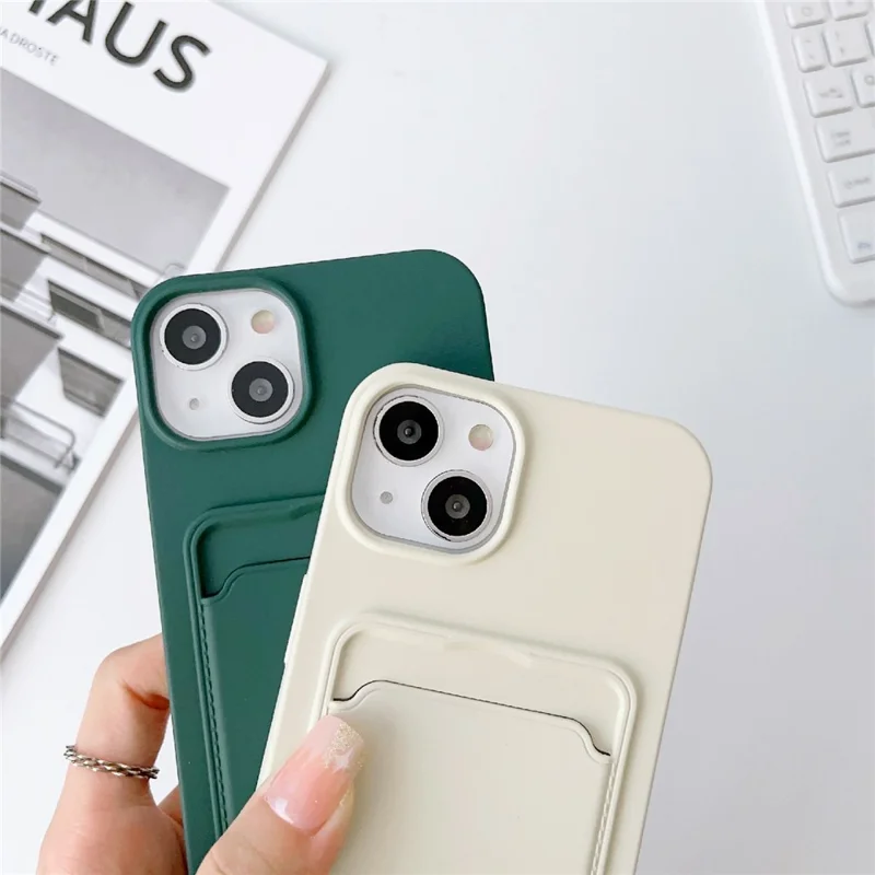 For iPhone 13 6.1 inch Phone Case Anti-Drop Liquid Silicone Protective Cover with Card Slot, Strap - Grey