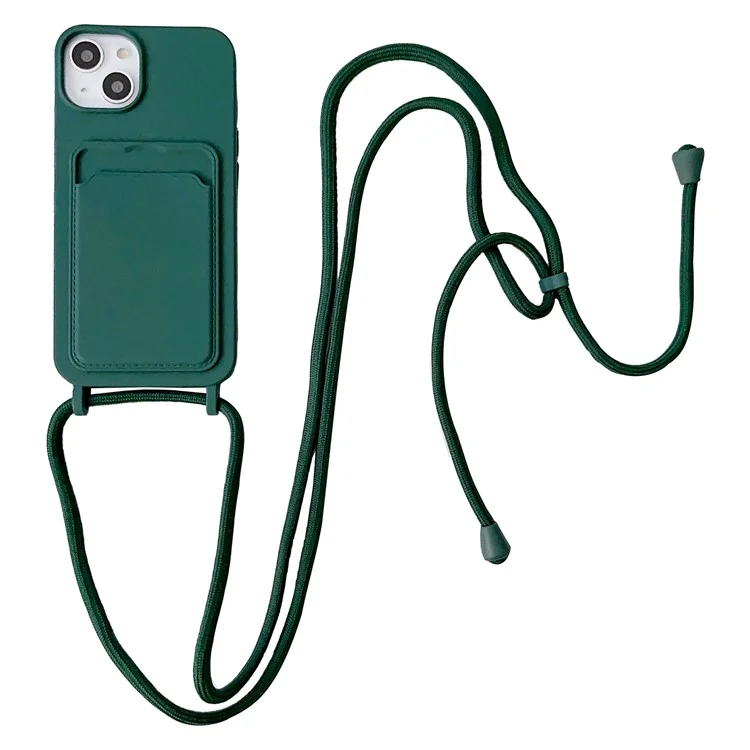 Protective Case for iPhone 14 Case Anti-Fall Liquid Silicone Phone Cover with Card Slot, Strap - Midnight Green
