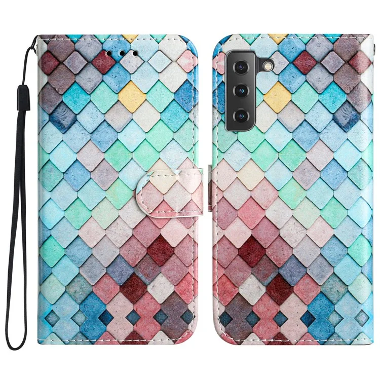 Para Samsung Galaxy S22 5G Pattern Printing PU Leather Phone Case Wallet Stand Flip Shockproof Cover - Colorful Grid