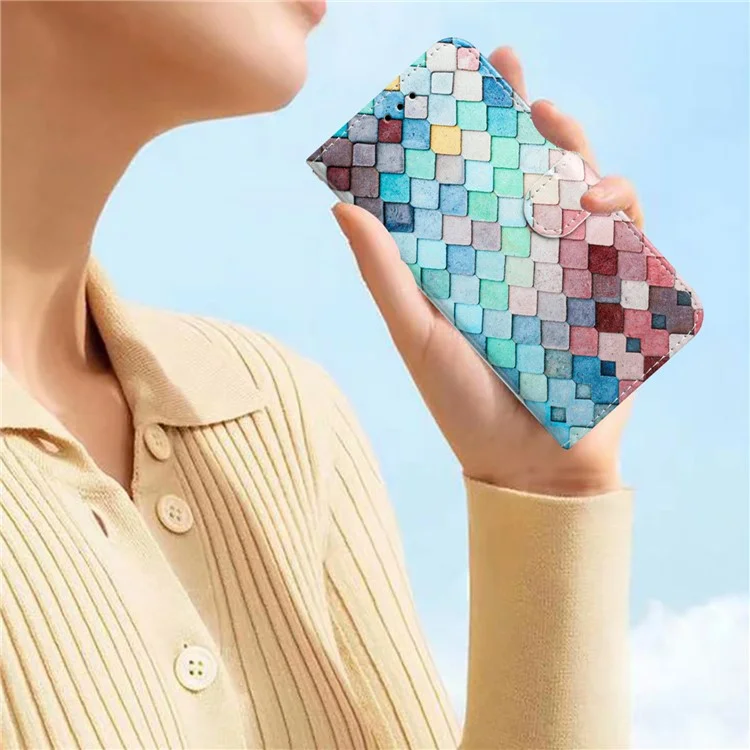 Para Samsung Galaxy S22 5G Pattern Printing PU Leather Phone Case Wallet Stand Flip Shockproof Cover - Colorful Grid