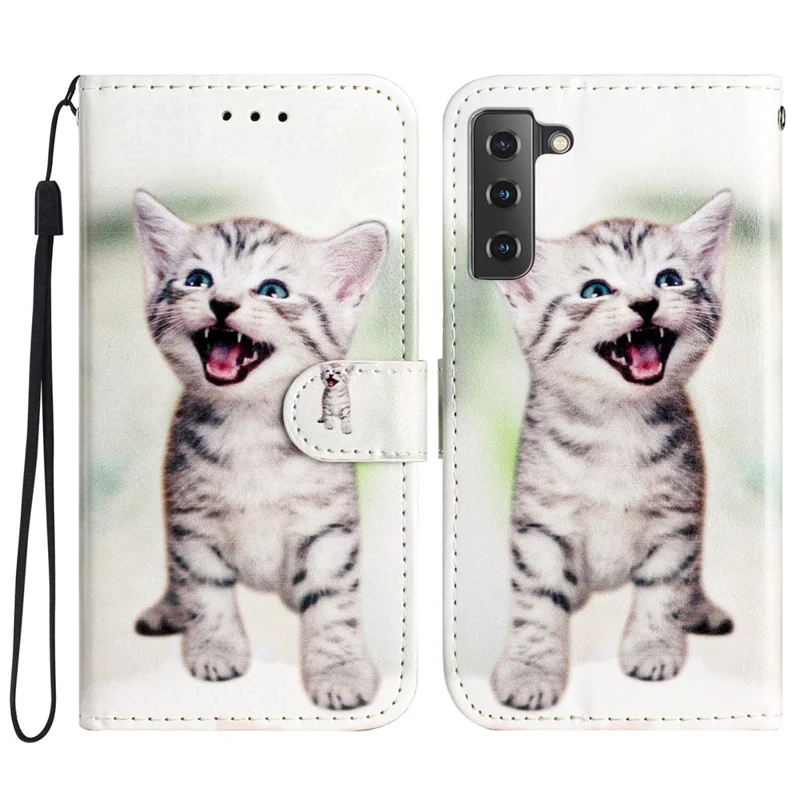 For Samsung Galaxy S22 5G Pattern Printing PU Leather Phone Case Wallet Stand Flip Shockproof Cover - Happy Cat