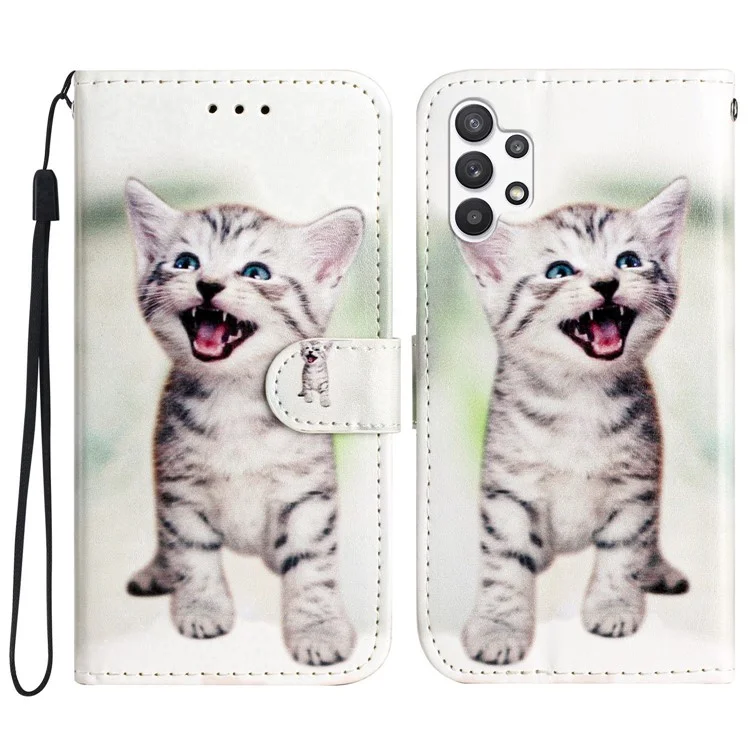 Per Samsung Galaxy A32 5G Custodia in Pelle PU con Supporto per Modello di Stampa a Portafoglio Flip Phone Case - Happy Cat