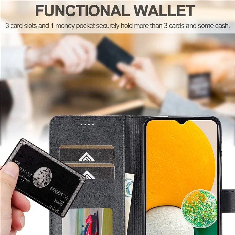 LC.IMEEKE For Samsung Galaxy A24 4G (162.1 x 77.6 x 8.3mm) Calf Texture Leather Phone Case Wallet Stand Mobile Phone Cover - Black