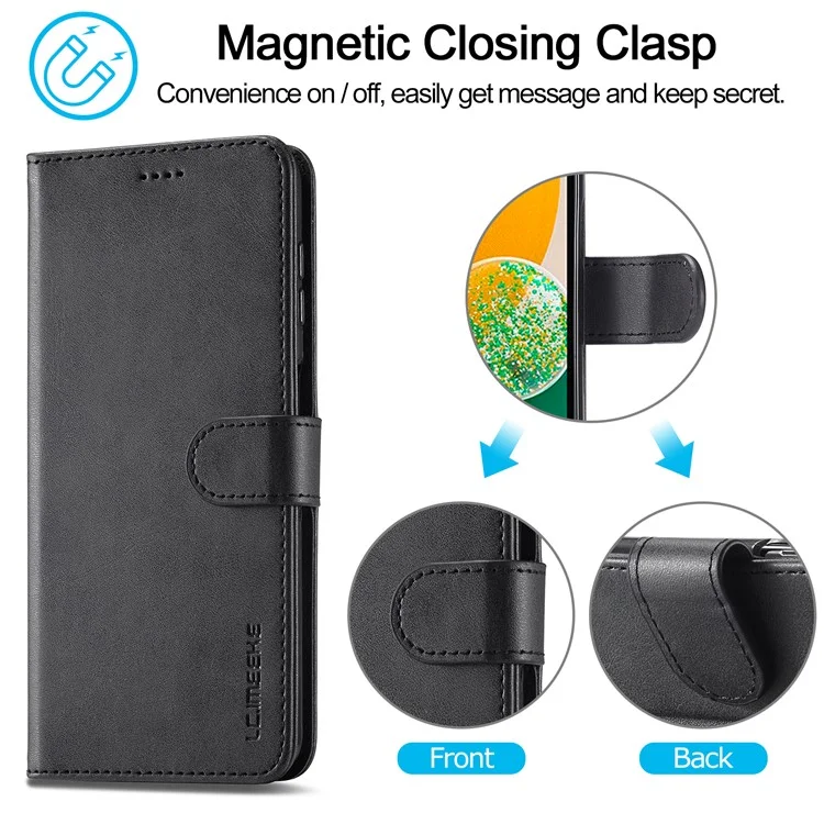 LC.IMEEKE For Samsung Galaxy A24 4G (162.1 x 77.6 x 8.3mm) Calf Texture Leather Phone Case Wallet Stand Mobile Phone Cover - Black