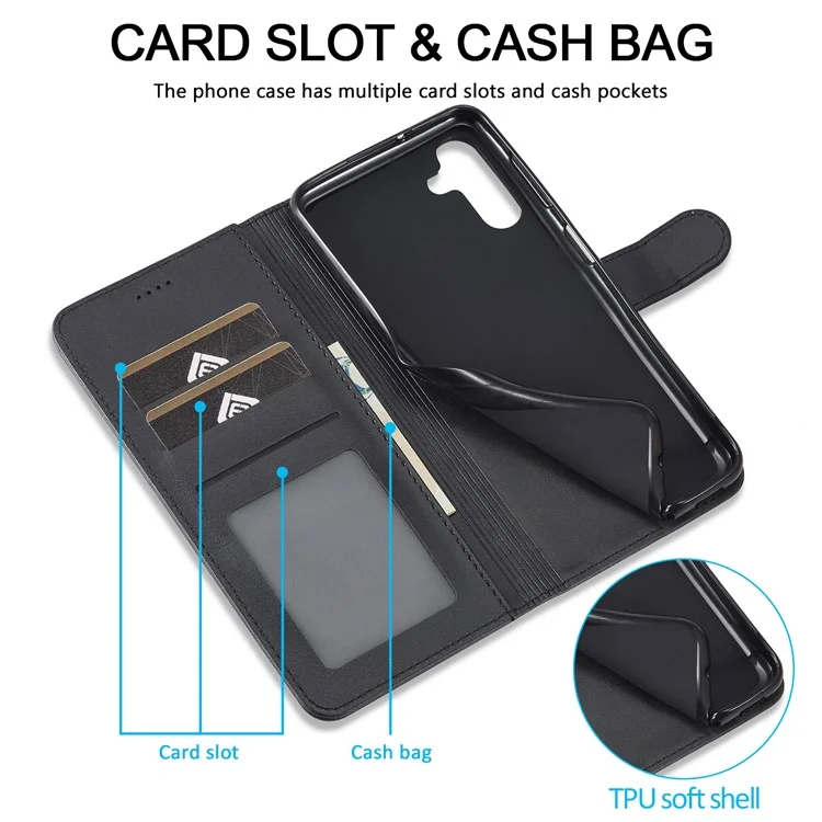 LC.IMEEKE For Samsung Galaxy A24 4G (162.1 x 77.6 x 8.3mm) Calf Texture Leather Phone Case Wallet Stand Mobile Phone Cover - Black