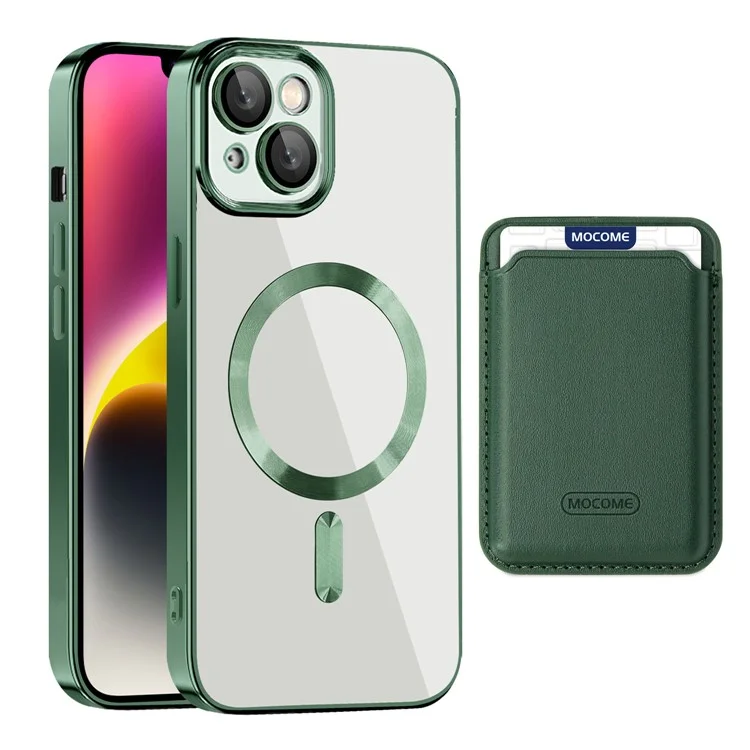 For iPhone 14 Plus TPU + PC Mobile Case Anti-scratch Magnetic Cover with Card Bag - Blackish Green