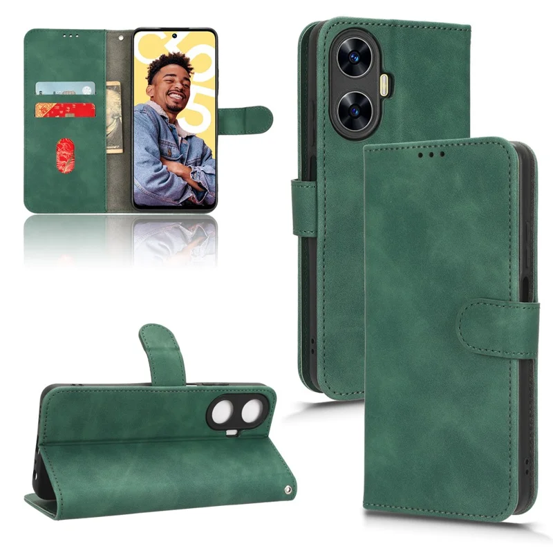 Phone Leather Case for Realme C55 4G , Stand Wallet Anti-Scratch Phone Cover - Green
