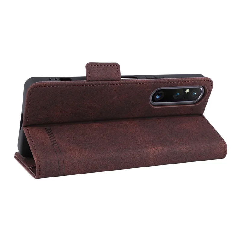 For Sony Xperia 1 V Stand Wallet Leather Phone Case Hardware Decor Protective Phone Cover - Coffee
