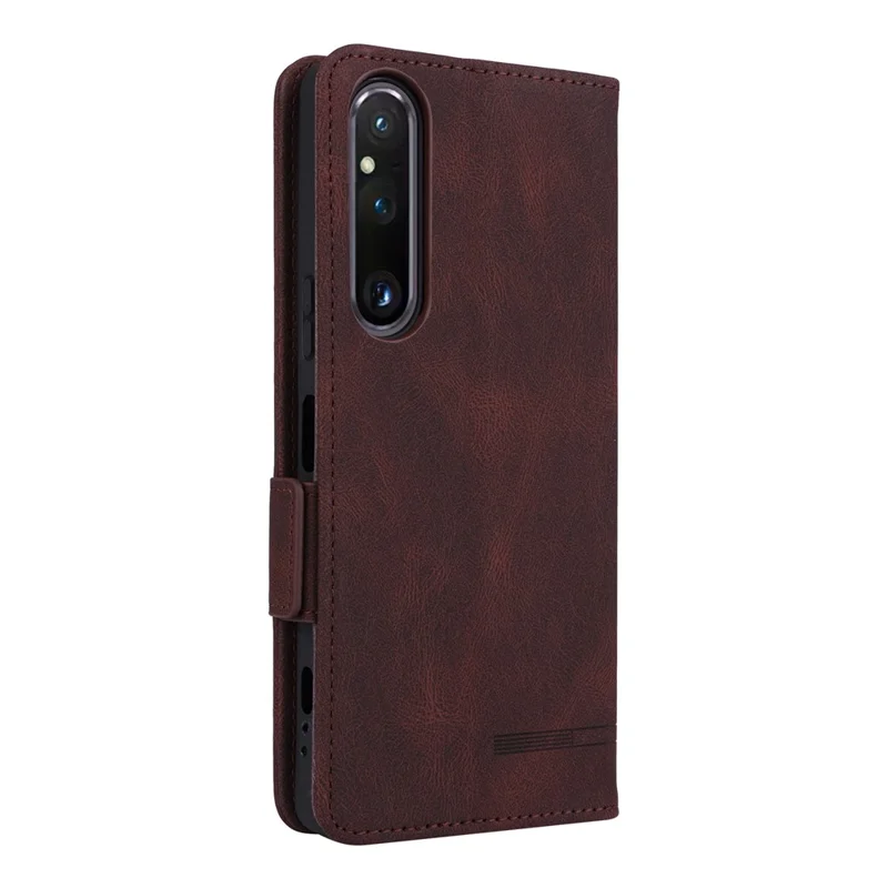 For Sony Xperia 1 V Stand Wallet Leather Phone Case Hardware Decor Protective Phone Cover - Coffee