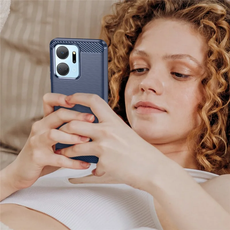 For Honor X7a 5G Soft TPU Phone Case Brushed Carbon Fiber Texture Protective Phone Cover - Blue