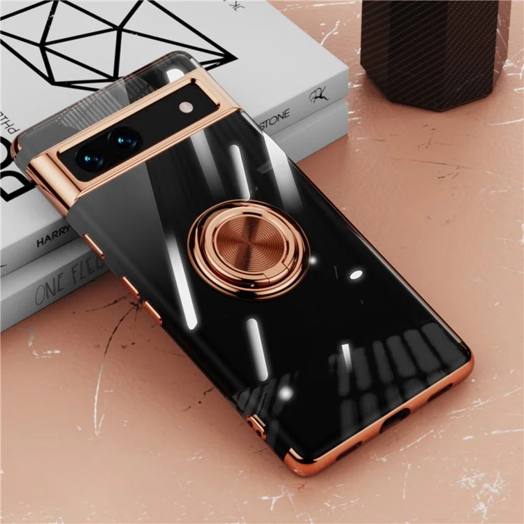 Pour Google Pixel 7a Ring Kickstand Electroplating TPU Phone Case Anti-drop Back Cover - Rose Gold