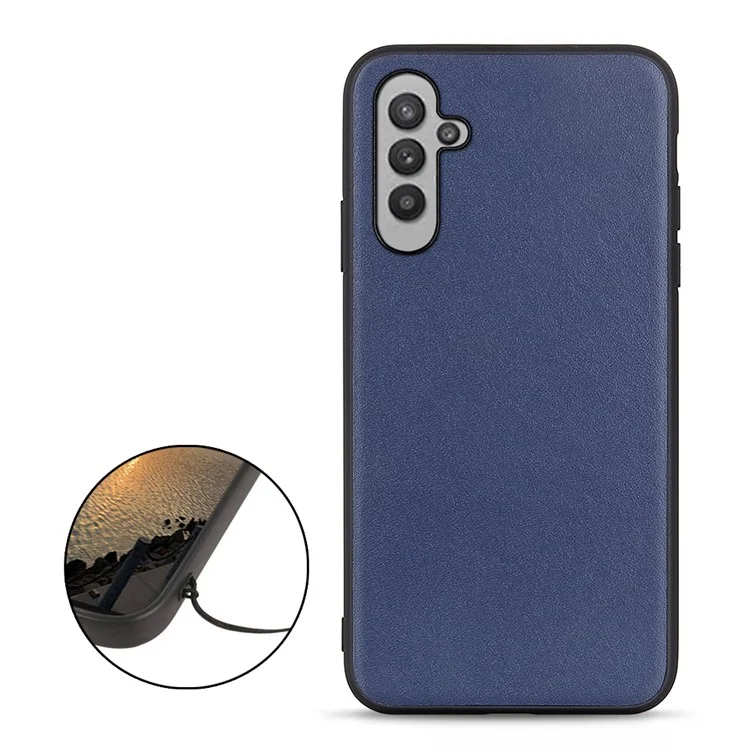 For Samsung Galaxy A24 4G (162.1 x 77.6 x 8.3mm) Textured Genuine Leather Coated TPU Back Cover Anti-drop Phone Case - Blue