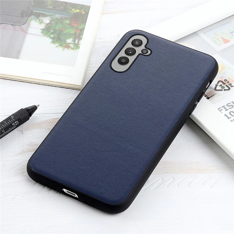 For Samsung Galaxy A24 4G (162.1 x 77.6 x 8.3mm) Textured Genuine Leather Coated TPU Back Cover Anti-drop Phone Case - Blue