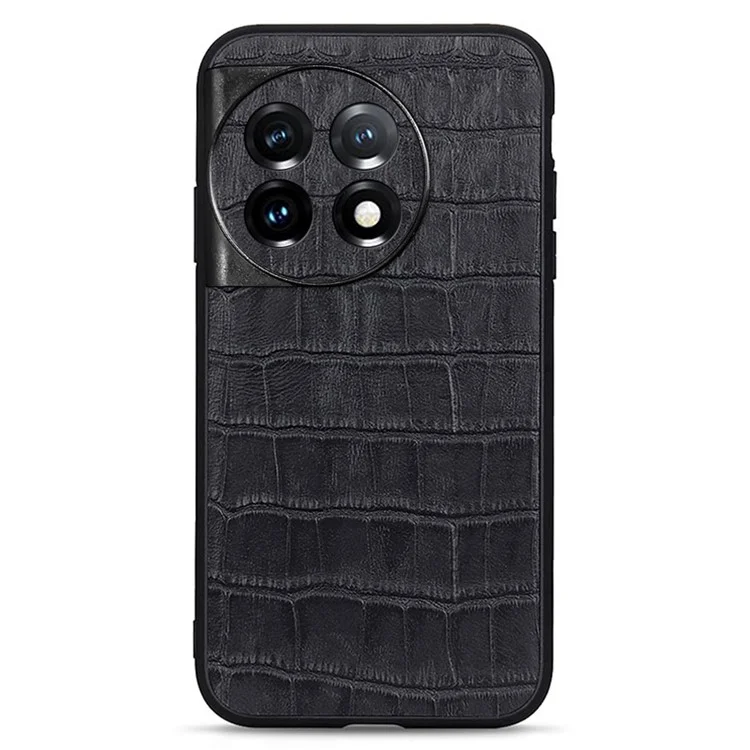 For OnePlus 11 5G Genuine Leather + TPU Crocodile Texture Phone Case Drop-proof Mobile Cover - Black
