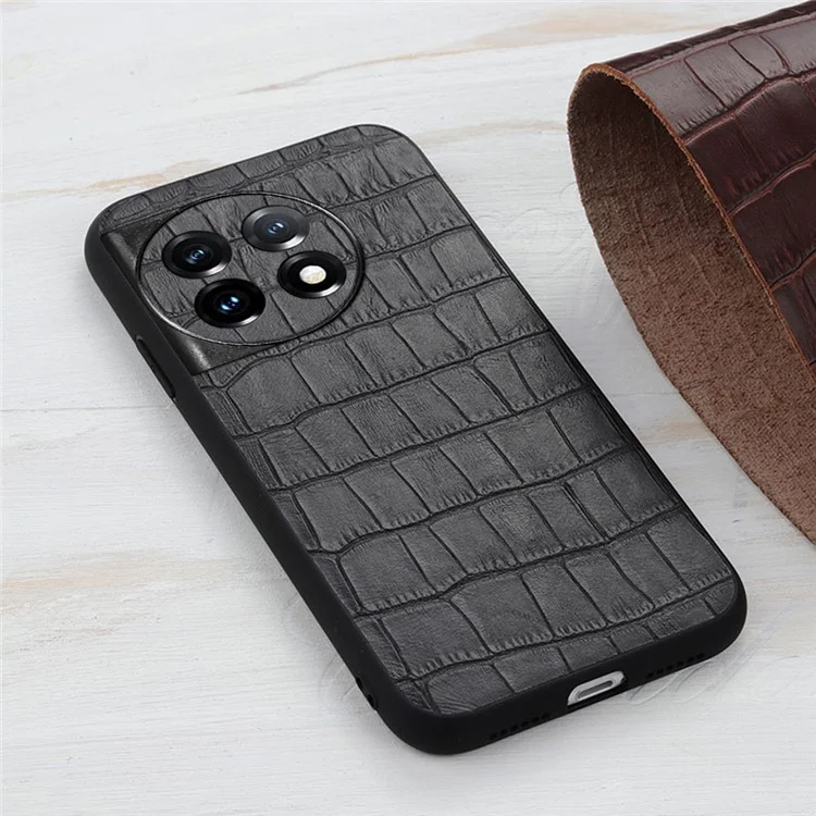 For OnePlus 11 5G Genuine Leather + TPU Crocodile Texture Phone Case Drop-proof Mobile Cover - Black