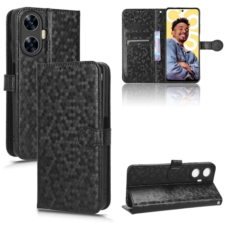 Para Realme C55 4G Dot Pattern Imprinted Phone Stand Case PU Leather Wallet Phone Cover - Negro