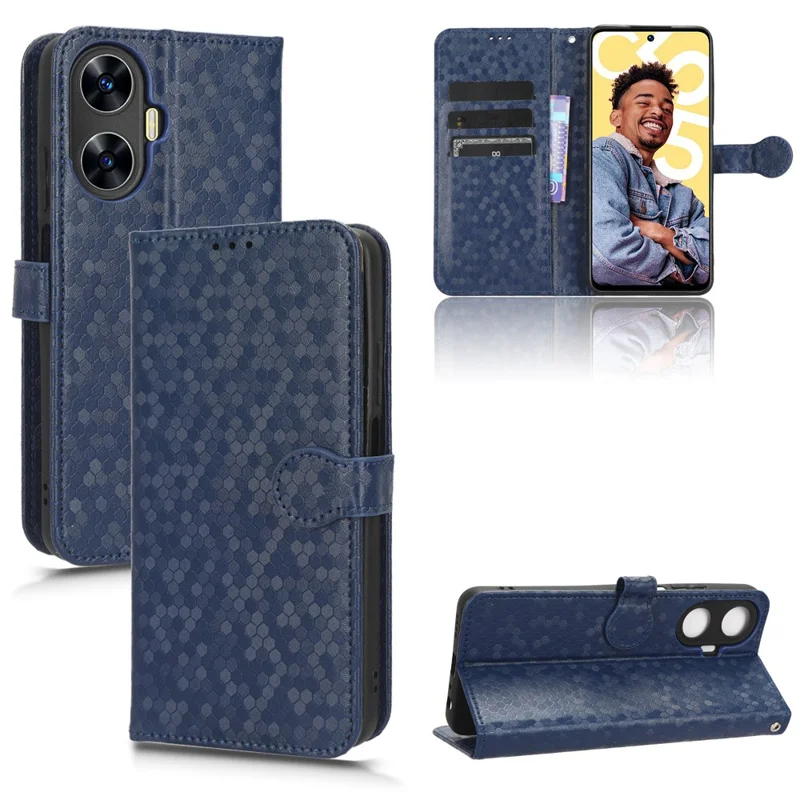 For Realme C55 4G Dot Pattern Imprinted Phone Stand Case PU Leather Wallet Phone Cover - Dark Blue