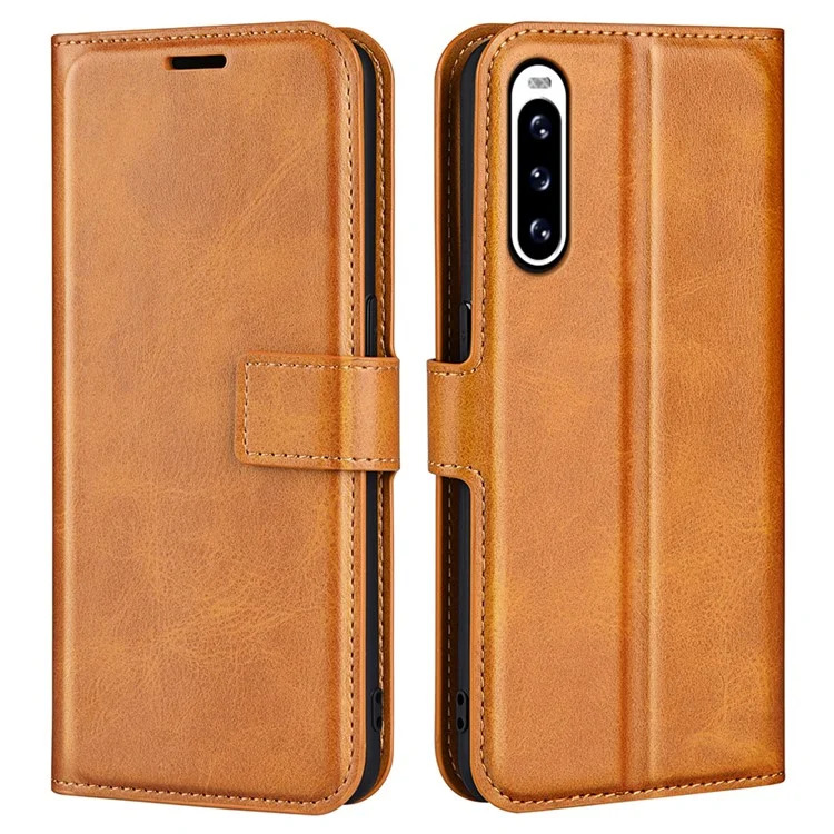 Leather Cell Phone Case For Sony Xperia 10 V , Wallet Square Magnetic Clasp Calf Texture Stand Phone Cover - Yellow