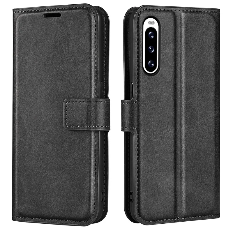 Leather Cell Phone Case For Sony Xperia 10 V , Wallet Square Magnetic Clasp Calf Texture Stand Phone Cover - Black