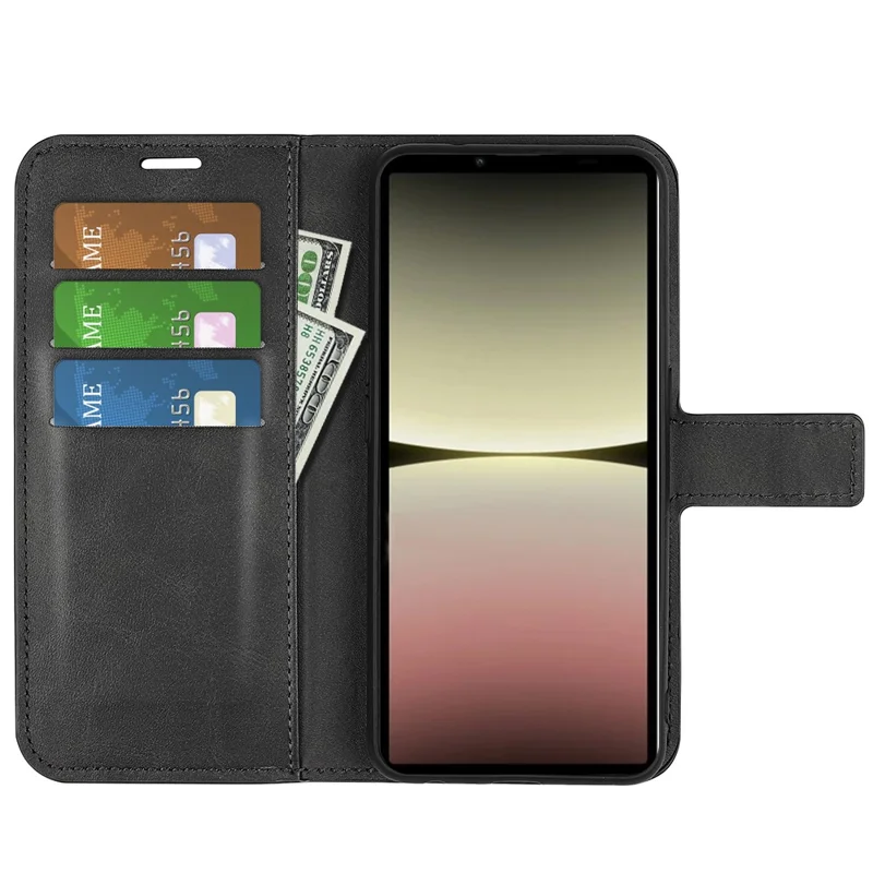 Leather Cell Phone Case For Sony Xperia 10 V , Wallet Square Magnetic Clasp Calf Texture Stand Phone Cover - Black