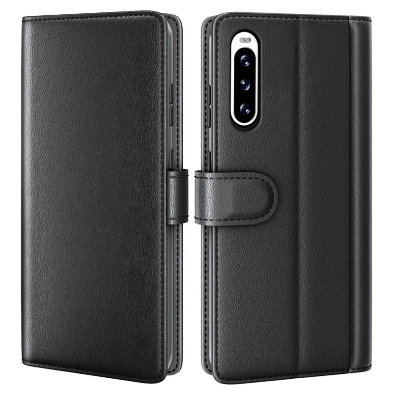 For Sony Xperia 10 V Case Genuine Split Leather Phone Cover with Wallet Stand - Black