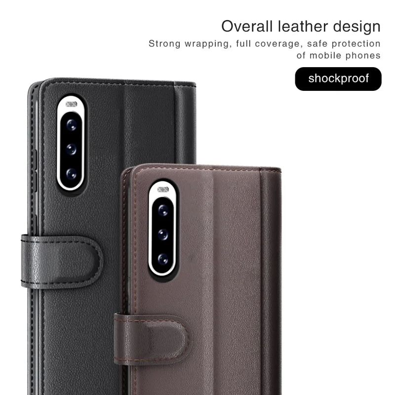 For Sony Xperia 10 V Case Genuine Split Leather Phone Cover with Wallet Stand - Black