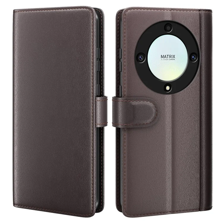 For Honor X9a 5G Case Genuine Split Leather Phone Cover with Wallet Stand - Brown