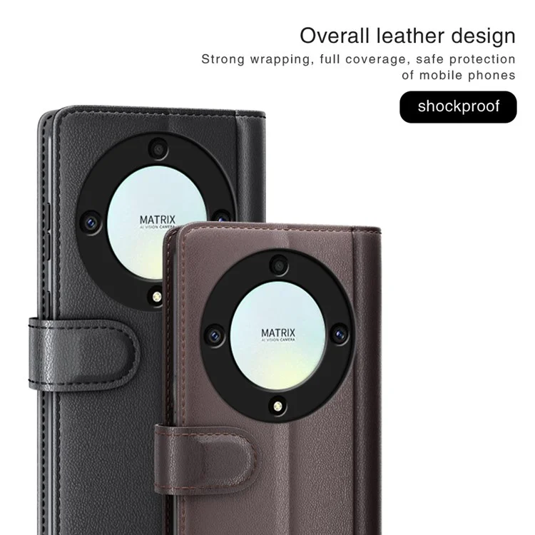 For Honor X9a 5G Case Genuine Split Leather Phone Cover with Wallet Stand - Brown